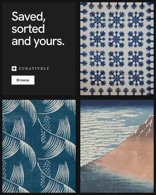 Instagram portrait post for Curatively: "Saved, sorted and yours." Swiss style, collage layout, dark palette in black, blue, grey.