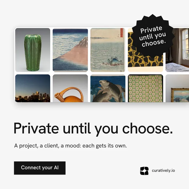 Instagram post for Curatively: "Private until you choose." Swiss style, sticker layout, light palette in white, grey.