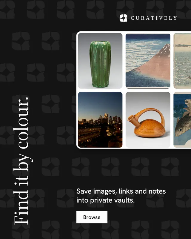 Instagram portrait post for Curatively: "Find it by colour." Split block style, vertical layout, dark palette in black, grey.
