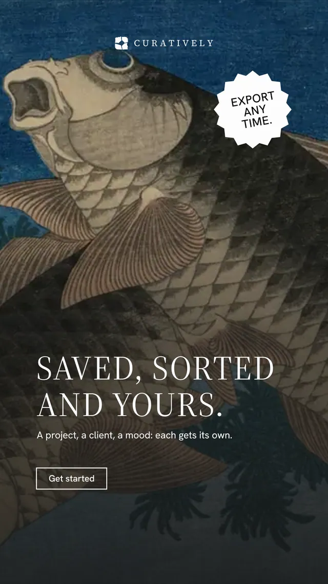 Instagram story for Curatively: "Saved, sorted and yours." Editorial style, sticker layout, dark palette in black, grey.