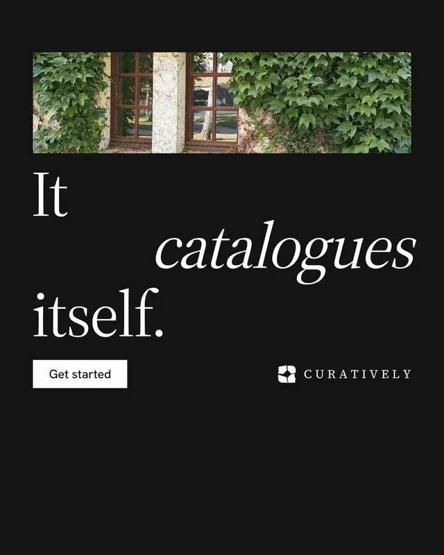 Instagram portrait post for Curatively: "It catalogues itself." Split block style, stacked layout, dark palette in black, grey.
