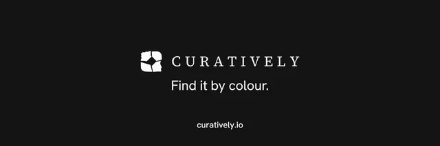 X header for Curatively: "Find it by colour." Minimal luxury style, end card layout, dark palette in black.