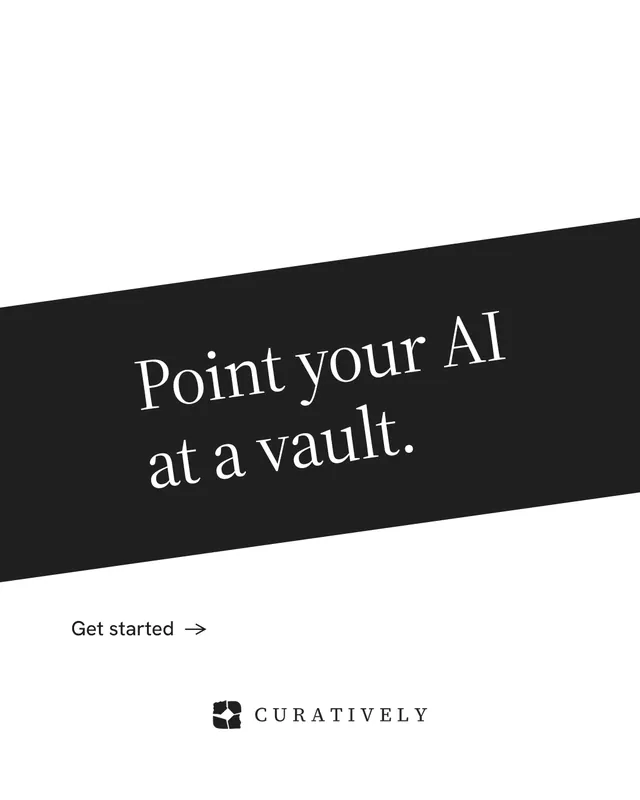 Instagram portrait post for Curatively: "Point your AI at a vault." Minimal luxury style, diagonal layout, light palette in white, black.