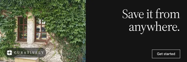X header for Curatively: "Save it from anywhere." Editorial style, right layout, dark palette in black, green, grey.