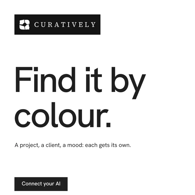 Instagram post for Curatively: "Find it by colour." Swiss style, announce layout, light palette in white.