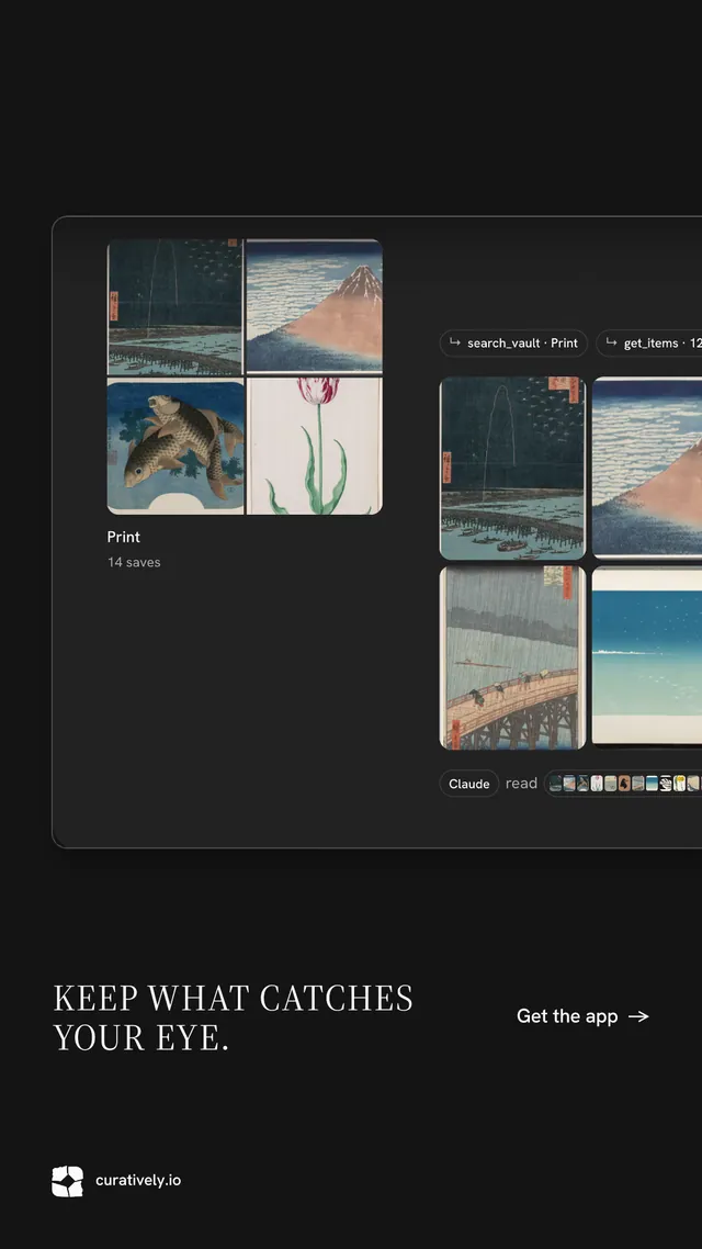 Instagram story for Curatively: "Keep what catches your eye." Split block style, image led layout, dark palette in black, grey.
