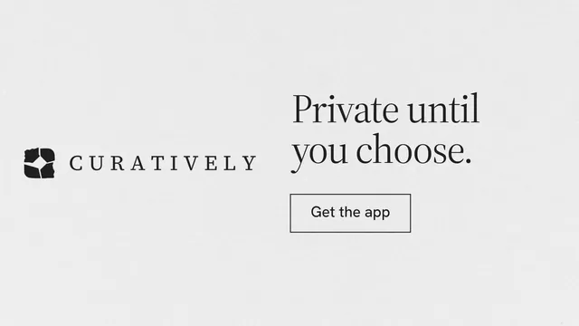 Landscape graphic for Curatively: "Private until you choose." Editorial style, logo hero layout, light palette in white, grey.