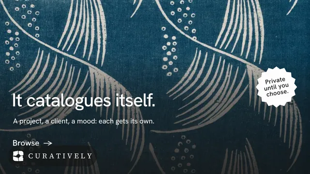 Landscape graphic for Curatively: "It catalogues itself." Minimal luxury style, sticker layout, dark palette in black, blue, grey.