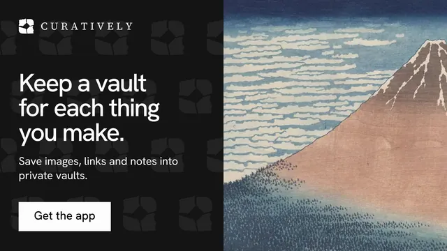 Landscape graphic for Curatively: "Keep a vault for each thing you make." Swiss style, bottom layout, dark palette in black, grey.