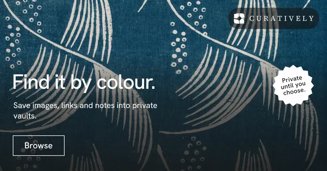 Social ad for Curatively: "Find it by colour." Editorial style, sticker layout, dark palette in blue, grey, black.
