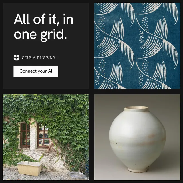 Instagram post for Curatively: "All of it, in one grid." Swiss style, collage layout, dark palette in black, grey.