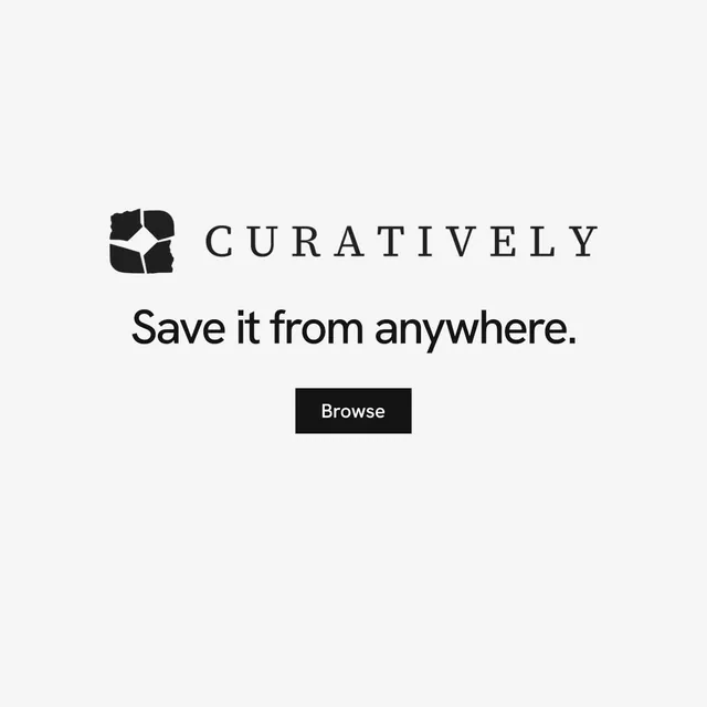 Instagram post for Curatively: "Save it from anywhere." Swiss style, logo hero layout, light palette in white.