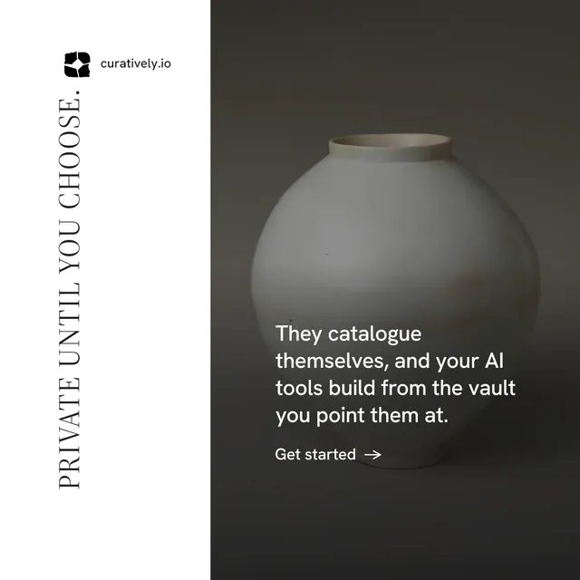 Instagram post for Curatively: "Private until you choose." Minimal luxury style, vertical layout, light palette in white, black, grey.