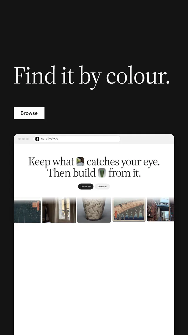 Instagram story for Curatively: "Find it by colour." Split block style, browser layout, light palette in white, black, grey.