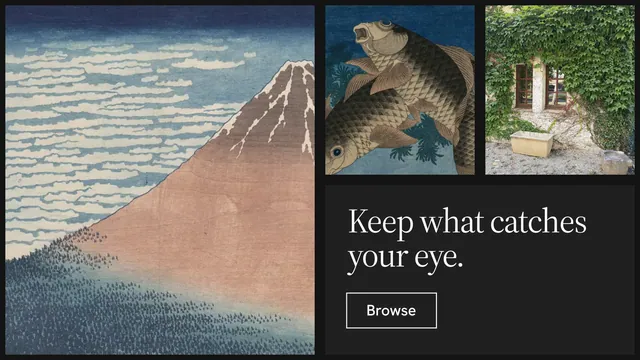 Landscape graphic for Curatively: "Keep what catches your eye." Editorial style, collage layout, dark palette in black, grey.