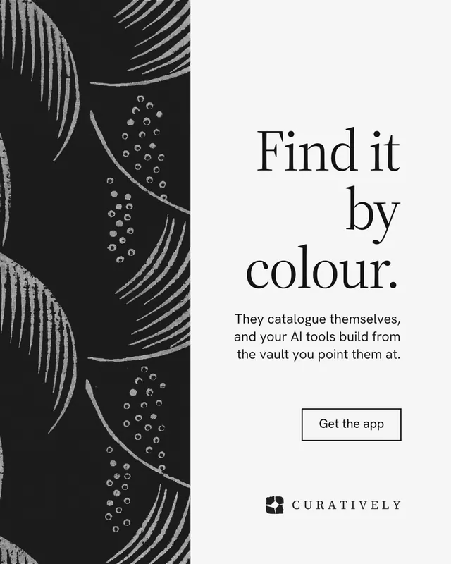 Instagram portrait post for Curatively: "Find it by colour." Editorial style, right layout, light palette in white, black, grey.