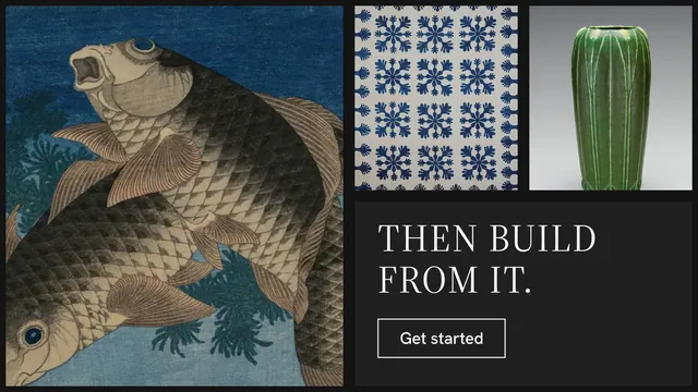 Landscape graphic for Curatively: "Then build from it." Editorial style, collage layout, dark palette in black, blue, grey.