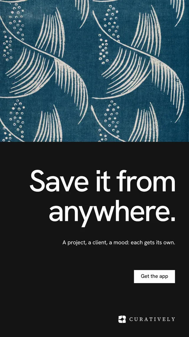 Instagram story for Curatively: "Save it from anywhere." Swiss style, right layout, dark palette in black, blue, grey.