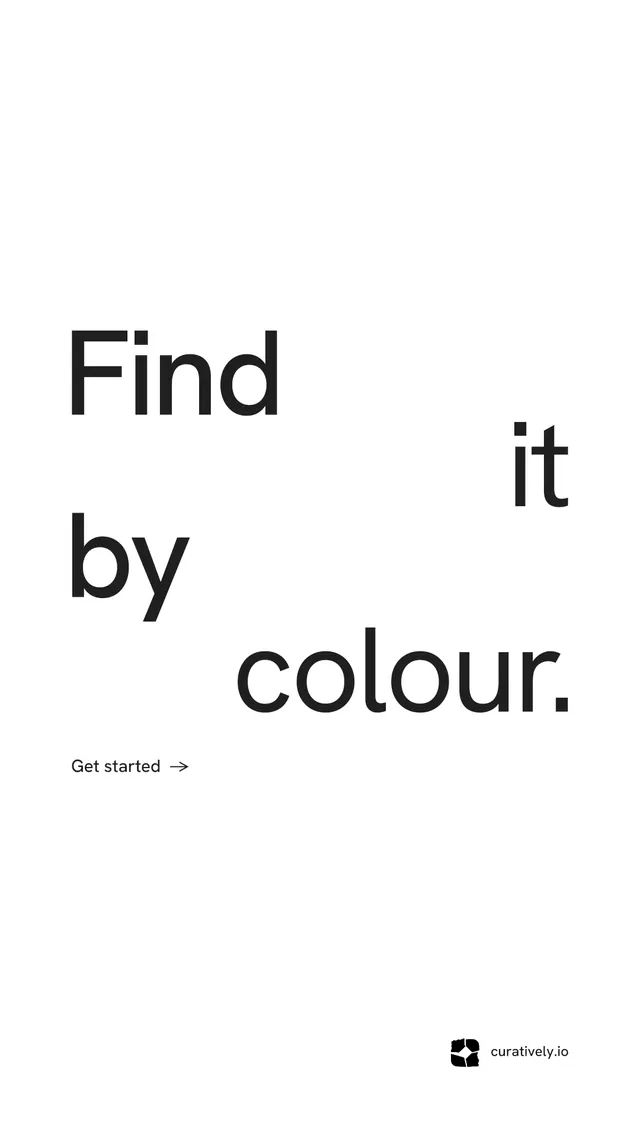 Instagram story for Curatively: "Find it by colour." Minimal luxury style, stacked layout, light palette in white.