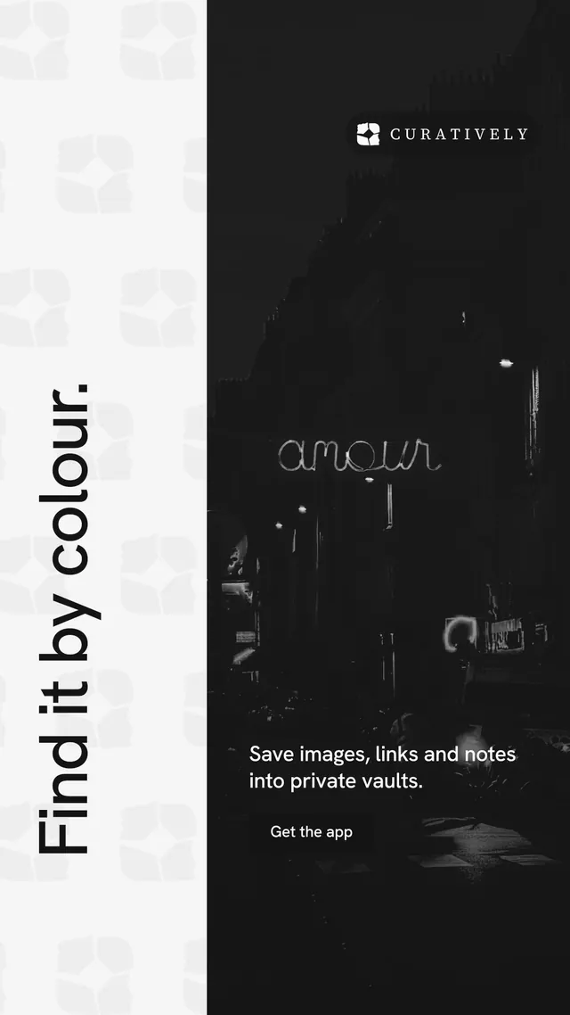 Instagram story for Curatively: "Find it by colour." Swiss style, vertical layout, dark palette in black, white.