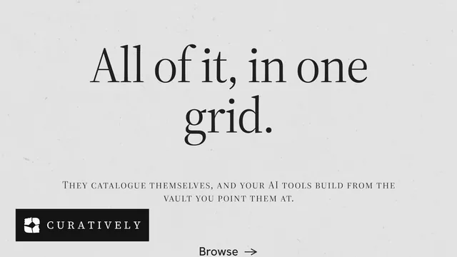 Landscape graphic for Curatively: "All of it, in one grid." Editorial style, smallcaps layout, light palette in white, grey.