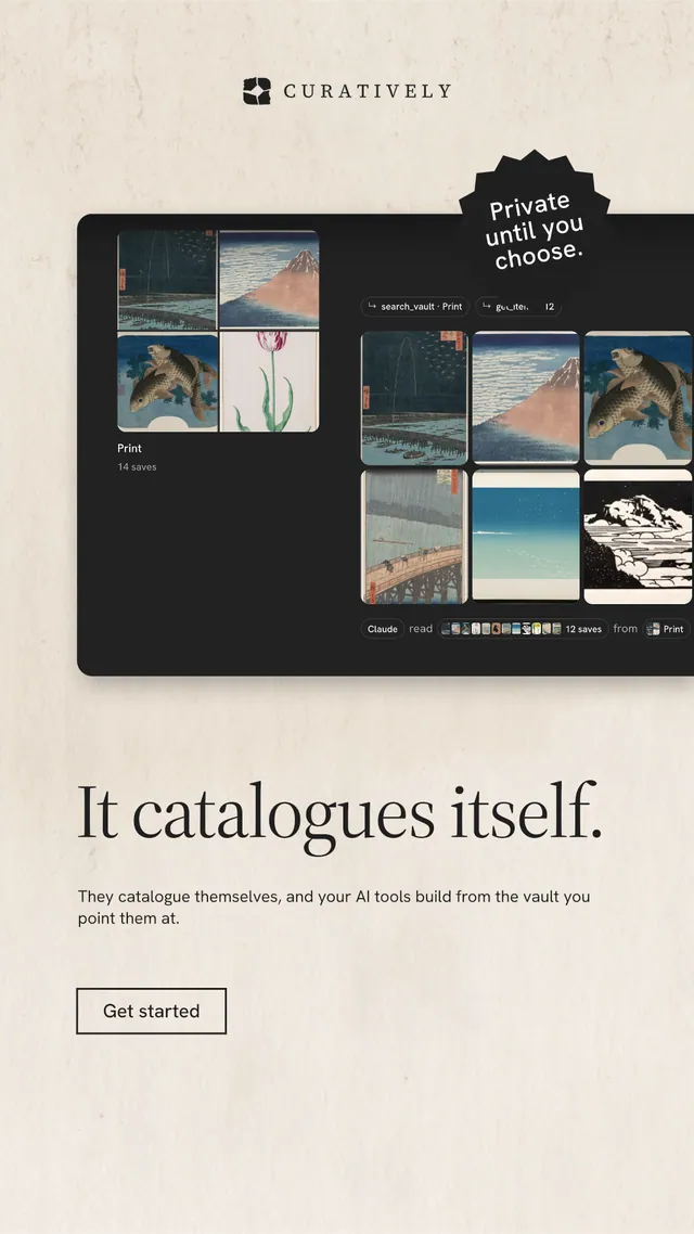 Instagram story for Curatively: "It catalogues itself." Editorial style, sticker layout, light palette in orange, black, grey.