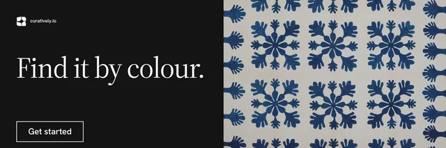 X header for Curatively: "Find it by colour." Editorial style, bottom layout, dark palette in black, grey, blue.