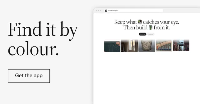 Social ad for Curatively: "Find it by colour." Editorial style, browser layout, light palette in white, grey.