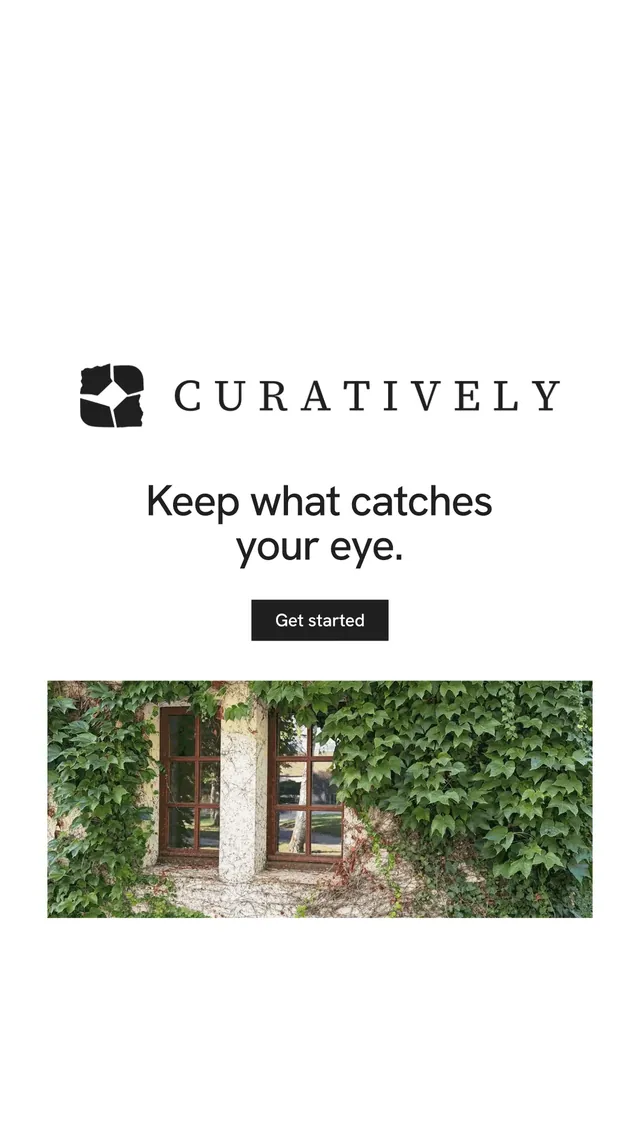 Instagram story for Curatively: "Keep what catches your eye." Swiss style, logo hero layout, light palette in white, green, grey.