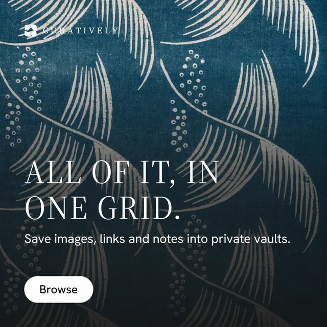 Instagram post for Curatively: "All of it, in one grid." Photo poster style, skeleton layout, dark palette in black, blue, grey.