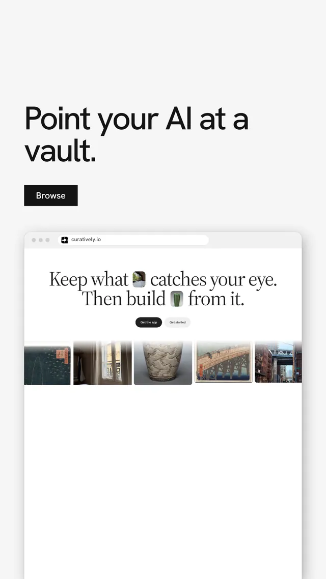 Instagram story for Curatively: "Point your AI at a vault." Swiss style, browser layout, light palette in white, grey.