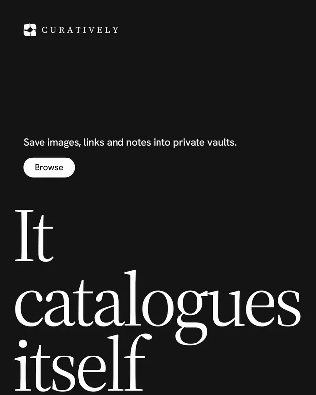 Instagram portrait post for Curatively: "All of it, in one grid." Photo poster style, oversized layout, dark palette in black, grey.