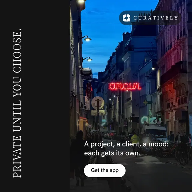 Instagram post for Curatively: "Private until you choose." Photo poster style, vertical layout, dark palette in black, blue.