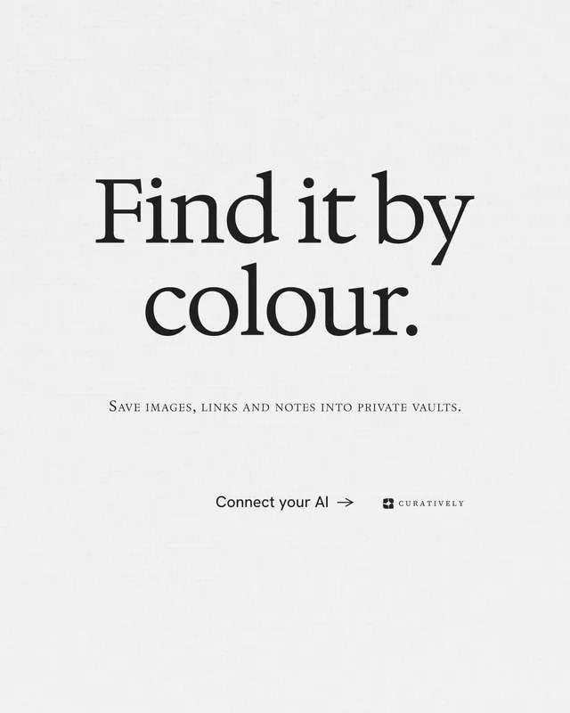 Instagram portrait post for Curatively: "Find it by colour." Editorial style, smallcaps layout, light palette in white.