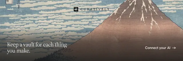 X header for Curatively: "Keep a vault for each thing you make." Split block style, image led layout, light palette in black, grey.