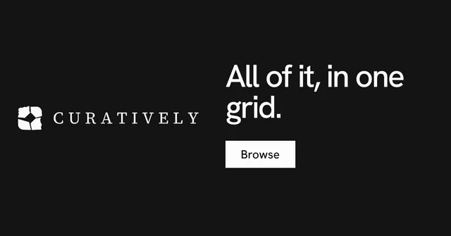 Social ad for Curatively: "All of it, in one grid." Swiss style, logo hero layout, dark palette in black.