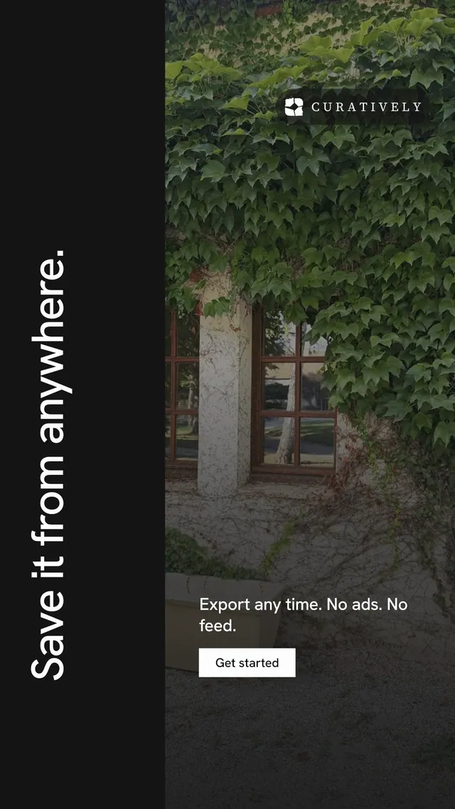 Instagram story for Curatively: "Save it from anywhere." Swiss style, vertical layout, dark palette in black, grey.