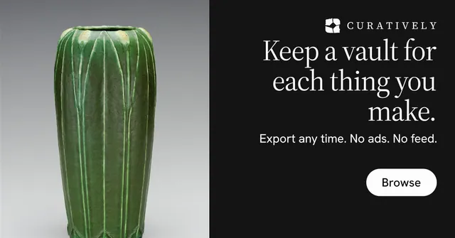 Social ad for Curatively: "Keep a vault for each thing you make." Photo poster style, right layout, dark palette in black, grey.