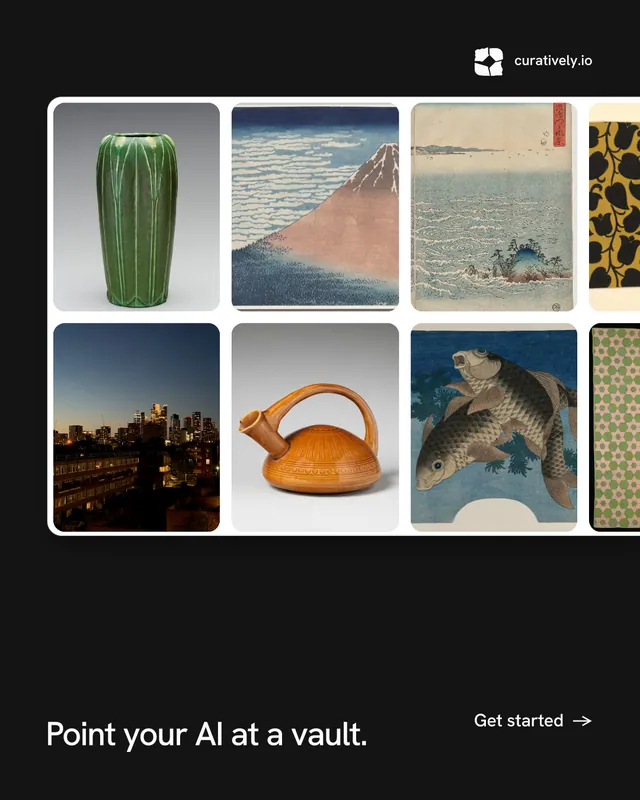 Instagram portrait post for Curatively: "Point your AI at a vault." Split block style, image led layout, dark palette in black, grey.