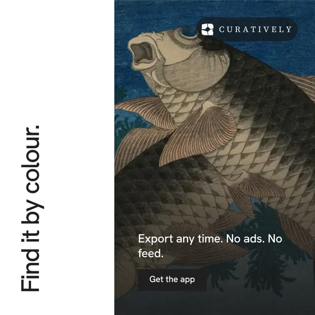 Instagram post for Curatively: "Find it by colour." Swiss style, vertical layout, light palette in white, black, grey.