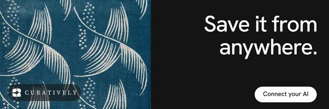 X header for Curatively: "Save it from anywhere." Photo poster style, right layout, dark palette in black, blue, grey.