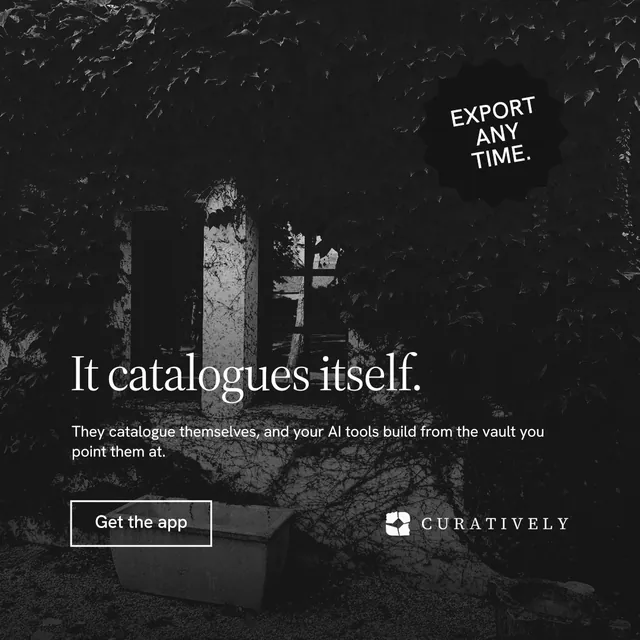 Instagram post for Curatively: "It catalogues itself." Editorial style, sticker layout, dark palette in black, grey.
