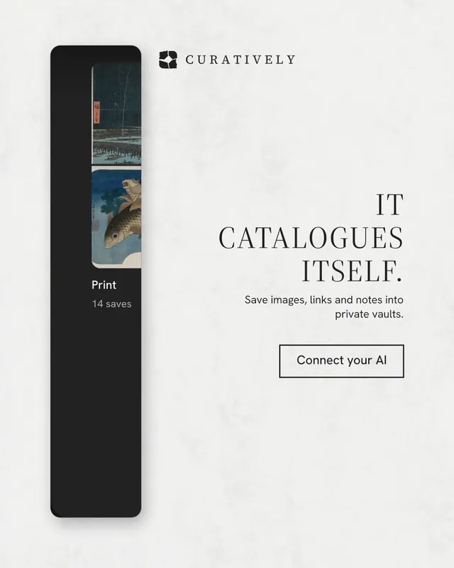 Instagram portrait post for Curatively: "It catalogues itself." Editorial style, right layout, light palette in white, grey.