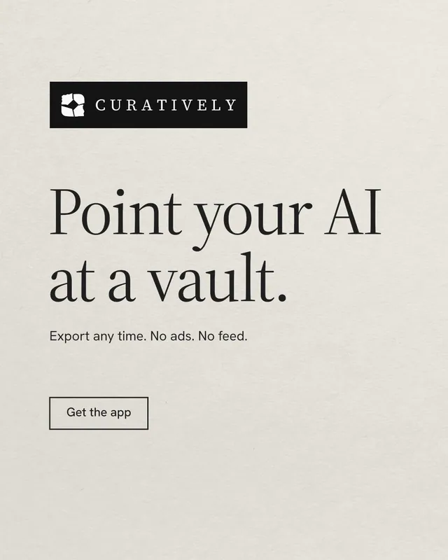 Instagram portrait post for Curatively: "Point your AI at a vault." Editorial style, announce layout, light palette in white, orange, grey.