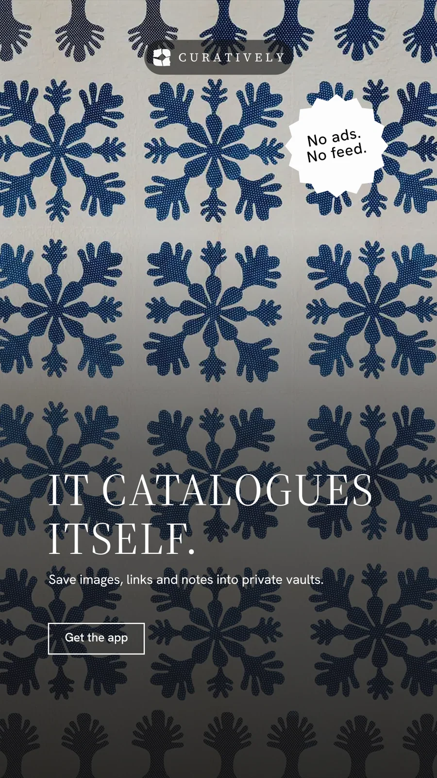 Instagram story for Curatively: "It catalogues itself." Editorial style, sticker layout, dark palette in grey, black, blue.