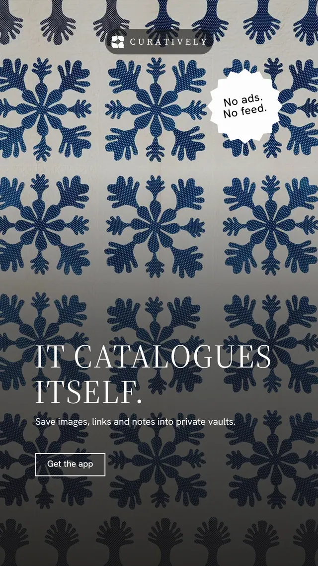 Instagram story for Curatively: "It catalogues itself." Editorial style, sticker layout, dark palette in grey, black, blue.