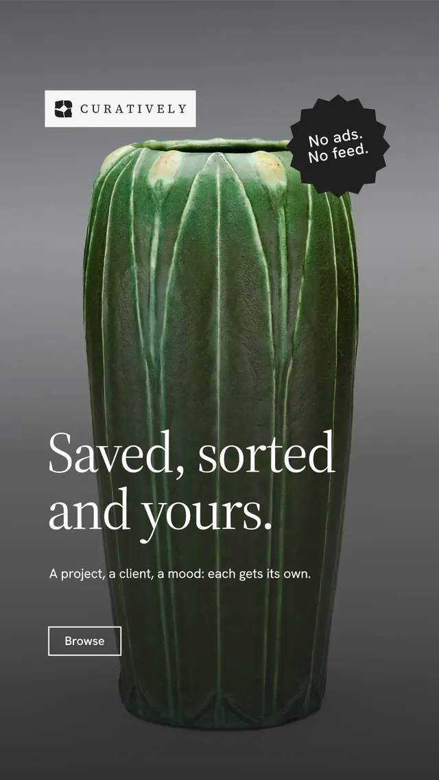 Instagram story for Curatively: "Saved, sorted and yours." Editorial style, sticker layout, dark palette in grey, black.