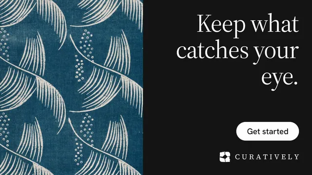 Landscape graphic for Curatively: "Keep what catches your eye." Photo poster style, right layout, dark palette in black, blue, grey.