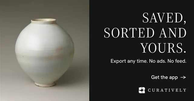 Social ad for Curatively: "Saved, sorted and yours." Minimal luxury style, right layout, dark palette in black, grey.
