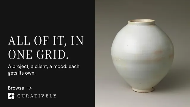 Landscape graphic for Curatively: "All of it, in one grid." Minimal luxury style, bottom layout, dark palette in black, grey.